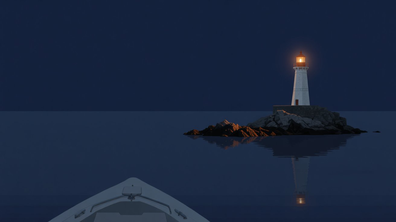 Boat passing a lighthouse on a rocky point at night, its light marking the hazard, representing outsourced compliance.