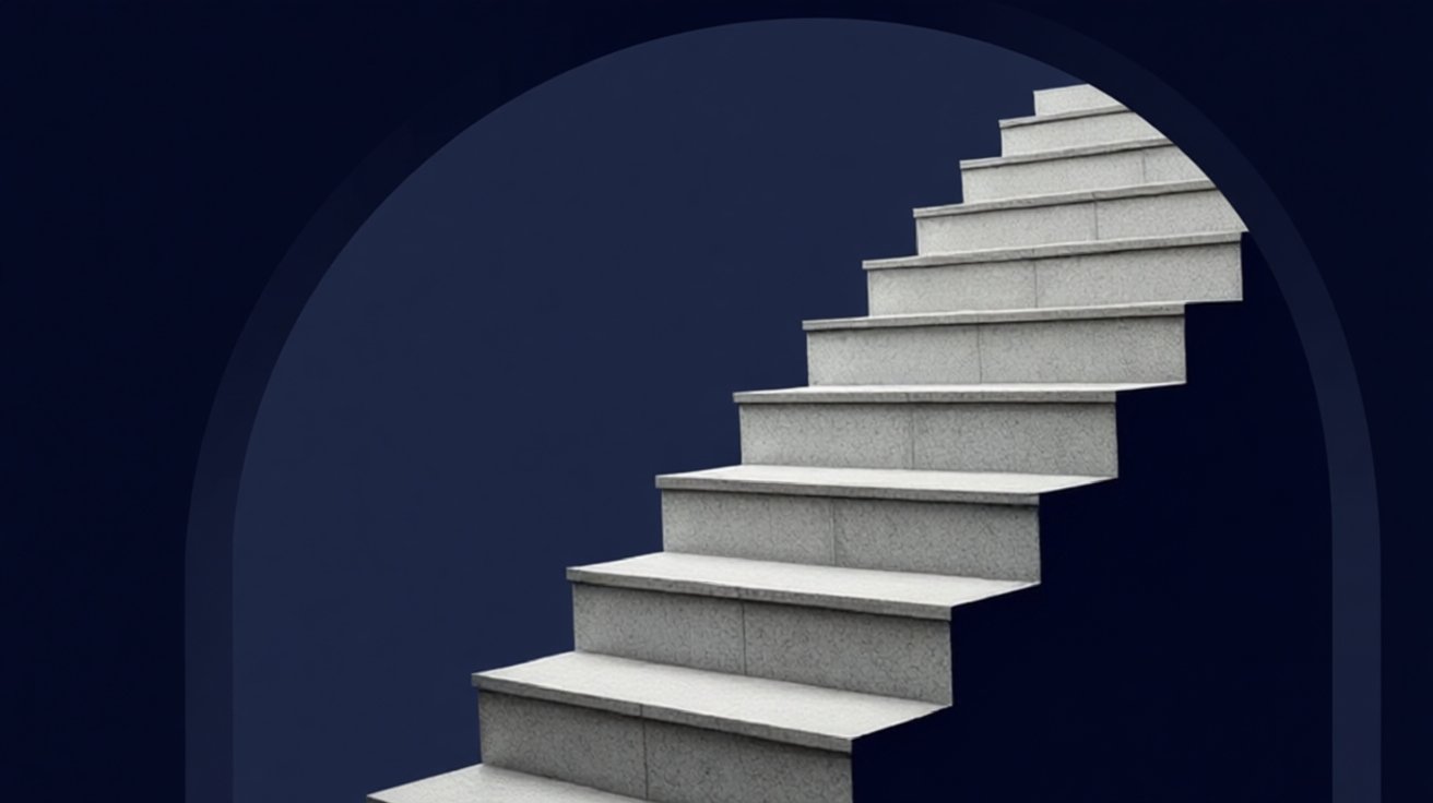 Stone staircase seen through an arched doorway on a navy background, representing executive coaching.