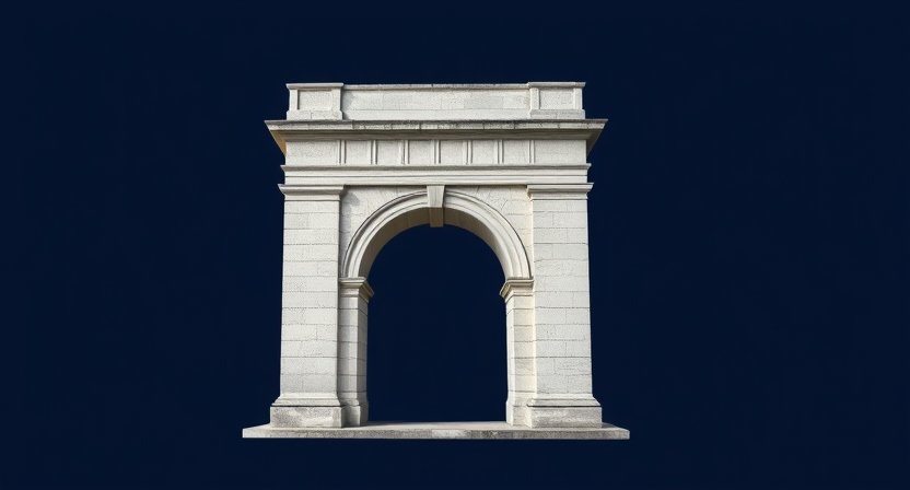 Limestone keystone arch on a navy background, representing governance development.