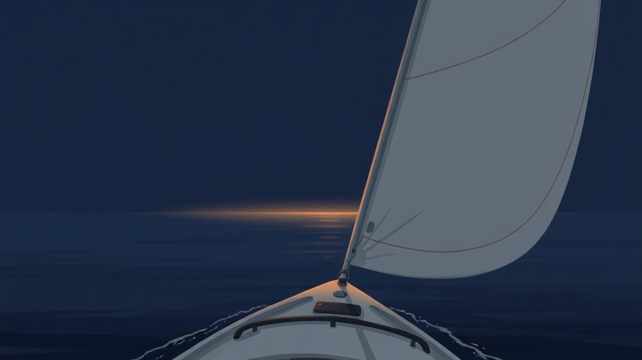 Sailboat under a full sail at night, moving toward first light on the horizon, representing AI enablement.