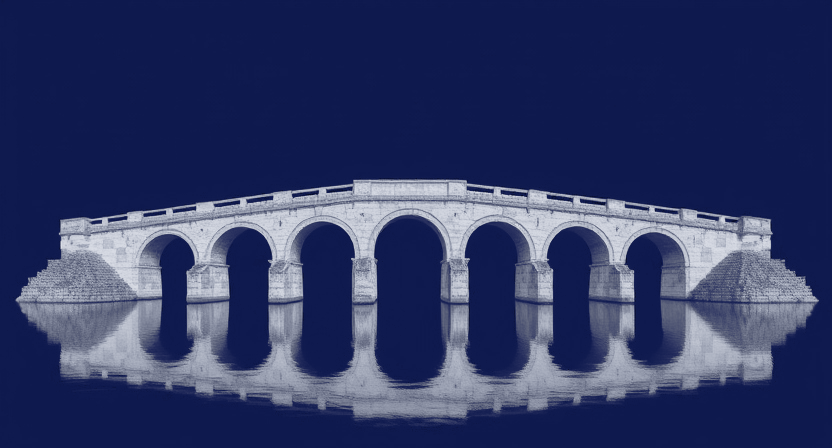 Symmetrical Roman stone bridge reflected in calm water on a navy background, representing mediation.
