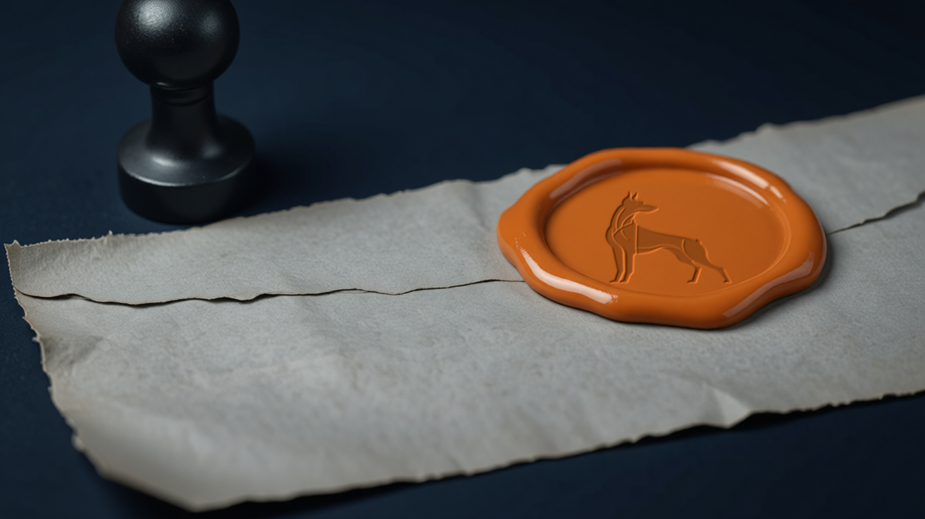 Orange wax seal pressed with the Synomos Doberman logo beside a seal stamp, representing notary services.