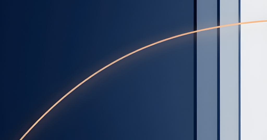 Abstract navy background with a thin orange arc crossing translucent vertical panels